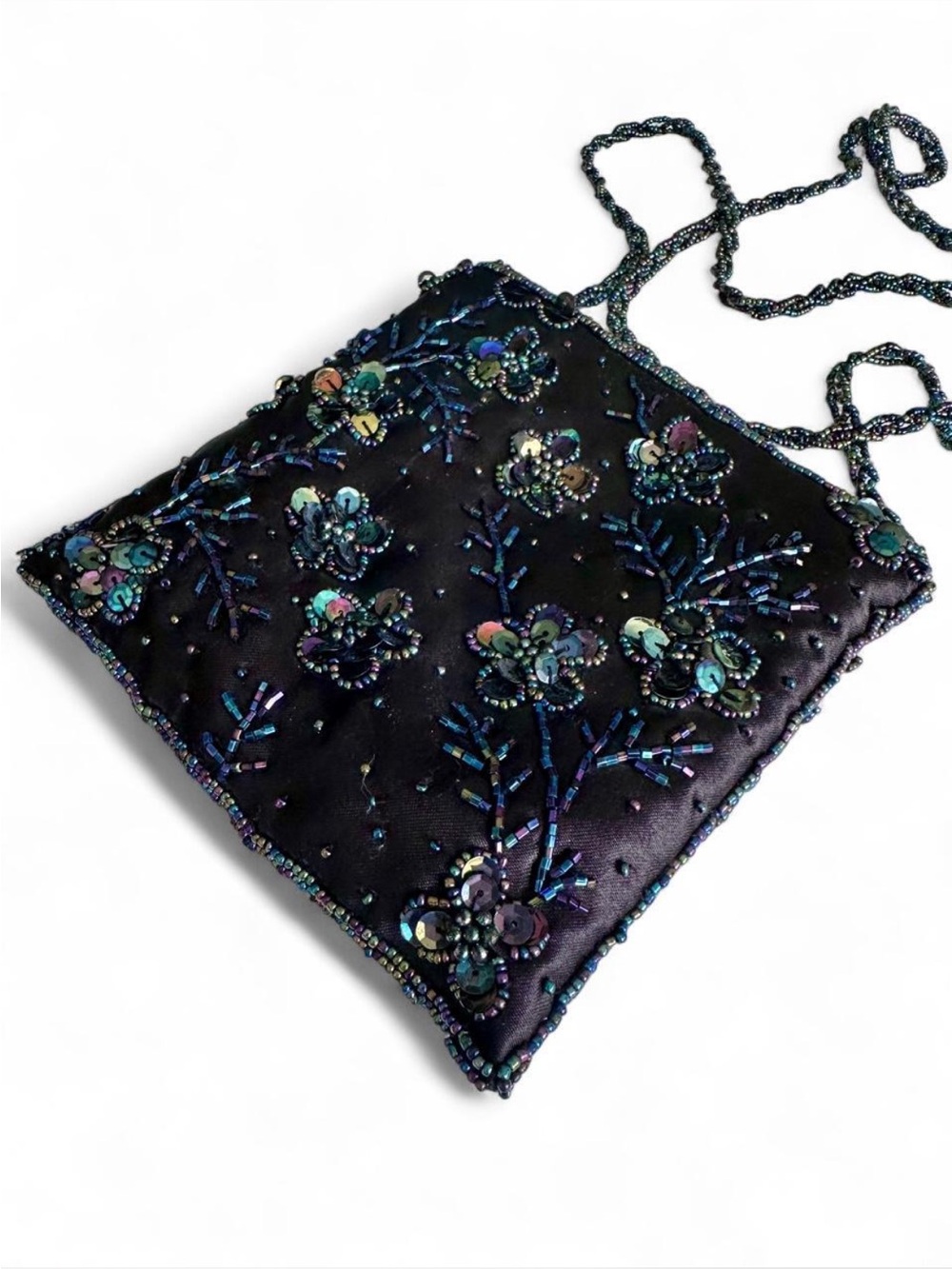 Embellished Black Beaded Floral Crossbody Bag